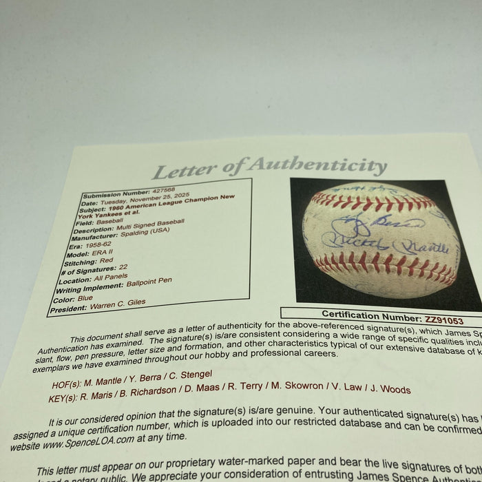 1960 Yankees WS Champs Team Signed Baseball World Series Game Used Baseball JSA