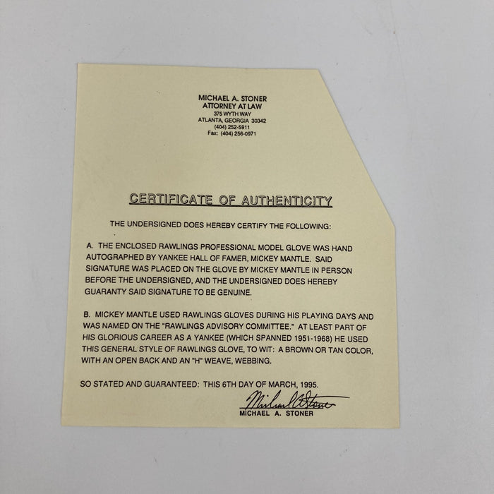 Mickey Mantle No. 7 Signed Rawlings Baseball Glove JSA COA