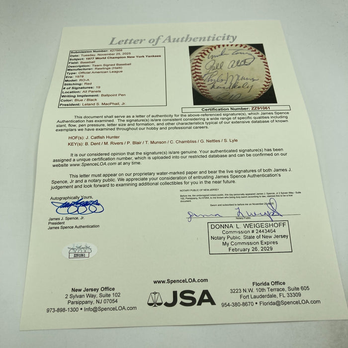 1977 NY Yankees World Series Champs Team Signed Baseball Thurman Munson JSA COA