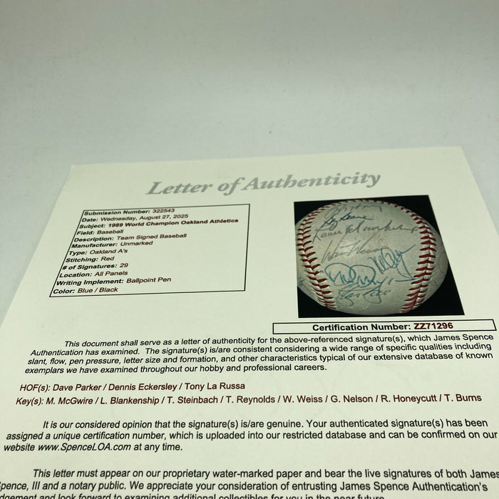 1989 Oakland A’s World Series Champs Team Signed Baseball 29 Sigs JSA COA