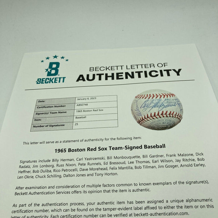 1965 Boston Red Sox Team Signed American League Baseball Beckett COA