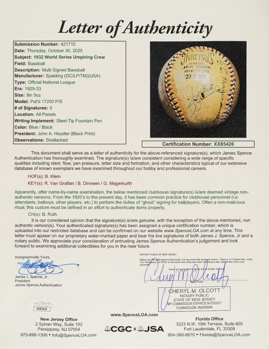 1932 World Series Game Used Signed Baseball Babe Ruth Called Shot JSA COA