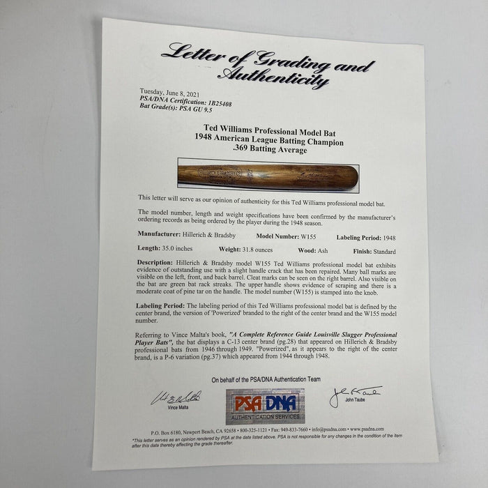 The Finest 1948 Ted Williams Game Used Louisville Slugger Bat PSA DNA 9.5