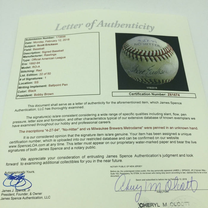 Scott Erickson No Hitter April 27, 1994 Signed Game Used Baseball With JSA COA