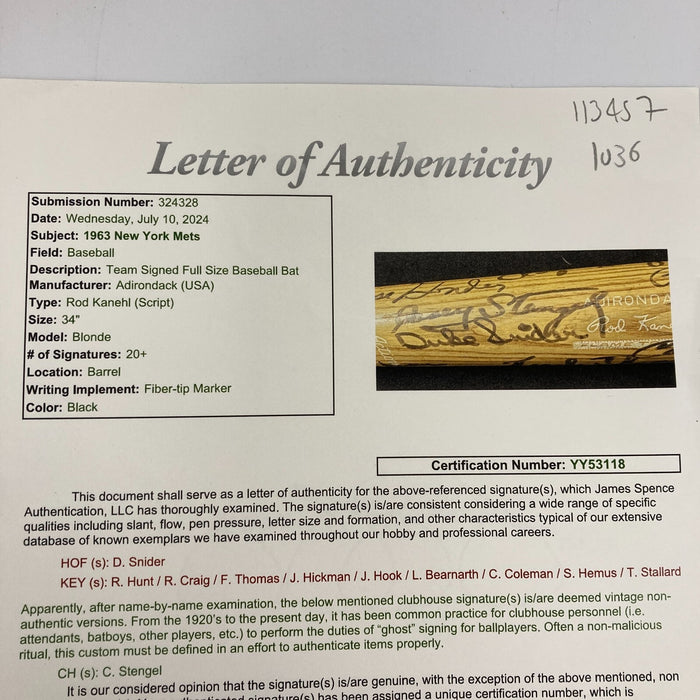 1963 New York Mets Team Signed Game Issued Baseball Bat 20+ Sigs JSA COA