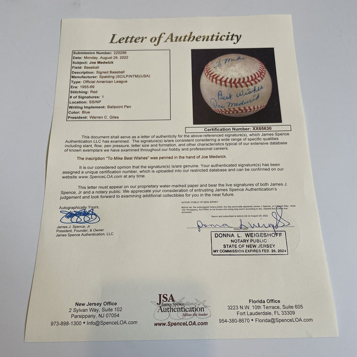 Beautiful Joe Medwick Single Signed Official National League Baseball PSA & JSA