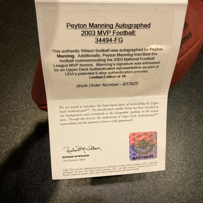 Peyton Manning "#18 2003 MVP" Signed Wilson NFL Game Football UDA Upper Deck COA