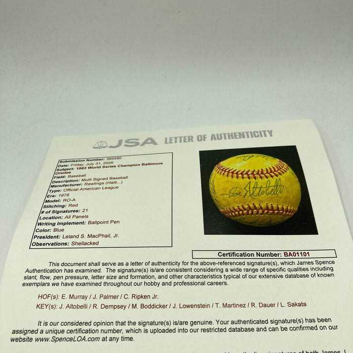 1983 Baltimore Orioles World Series Champs Team Signed Baseball JSA COA