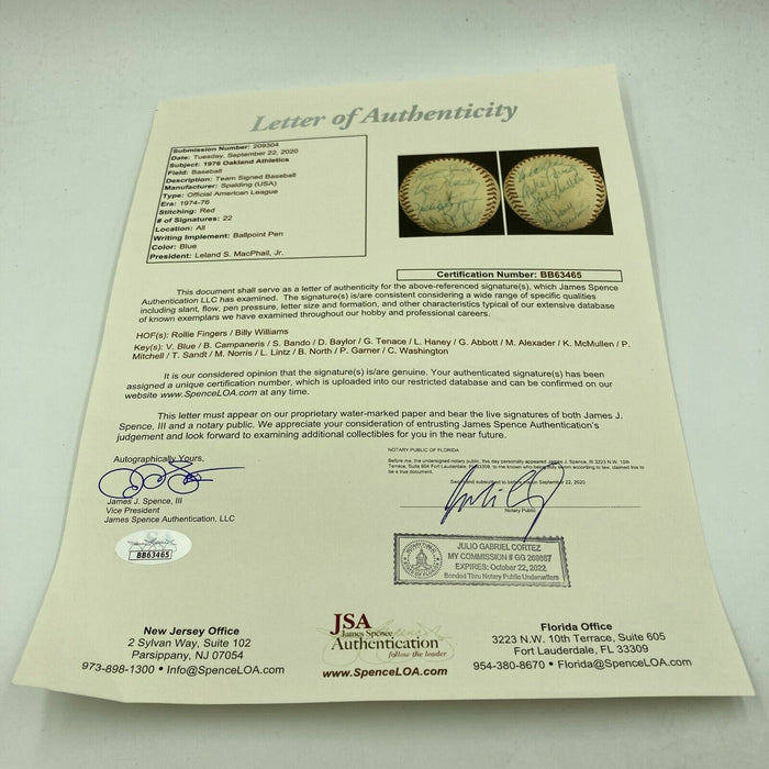 1976 Oakland A's Athletics Team Signed American League Baseball JSA COA