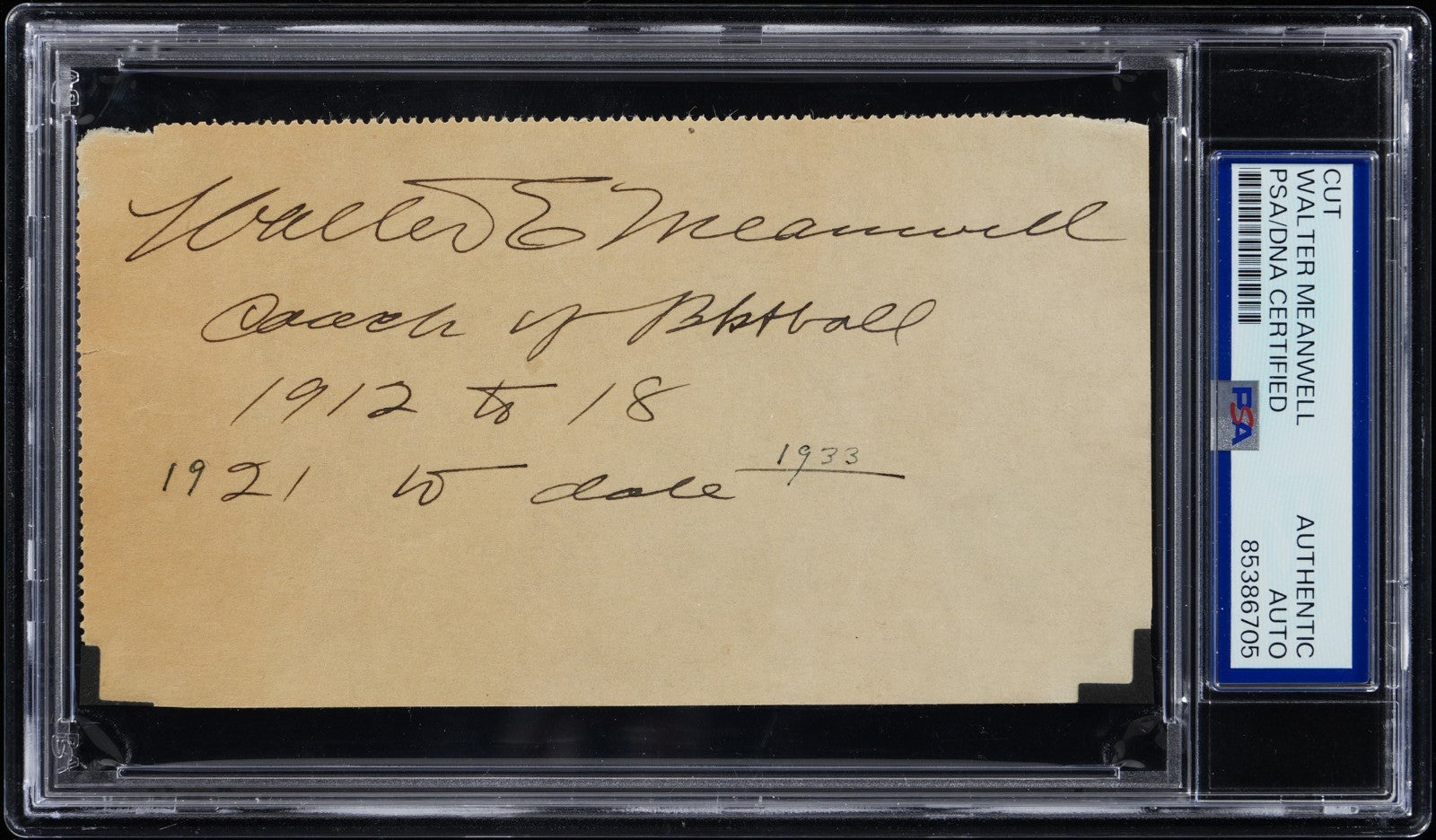 Walter Meanwell University of Wisconsin & Missouri Signed Cut Dec. 1953 HOF PSA