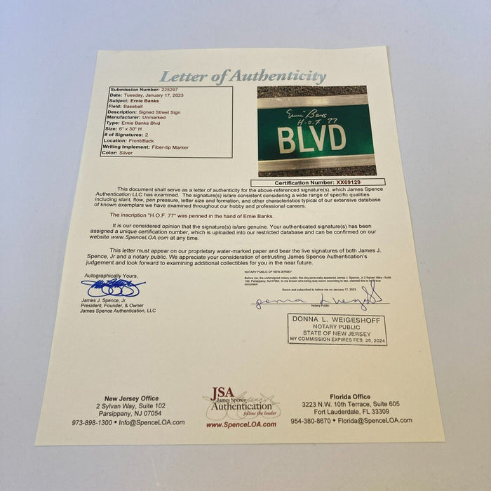Ernie Banks Twice Signed 6x30 Street Sign Ernie Banks BLVD JSA COA