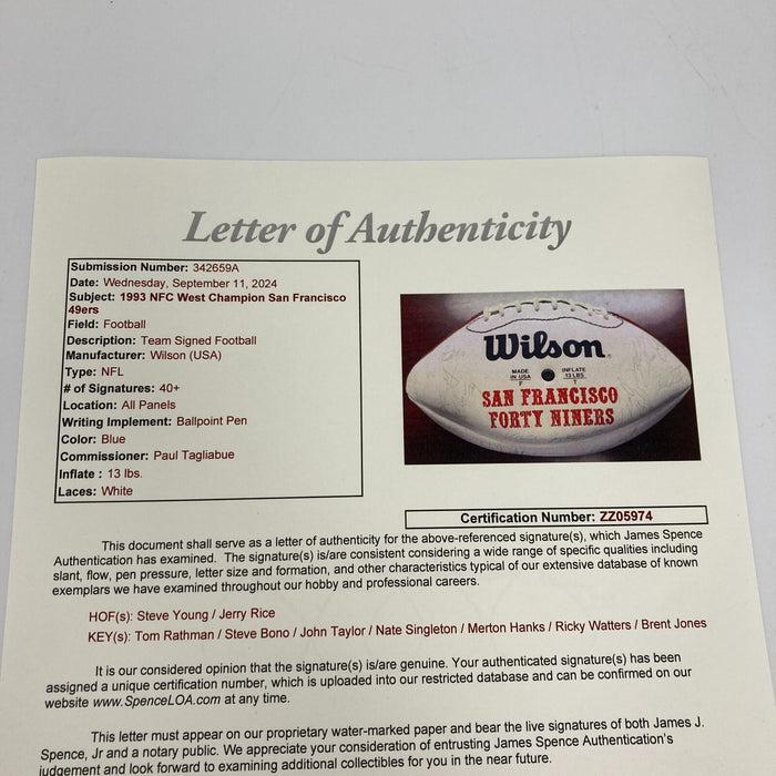 1993 San Francisco 49ers NFC West Champs Team Signed Football Jerry Rice JSA COA