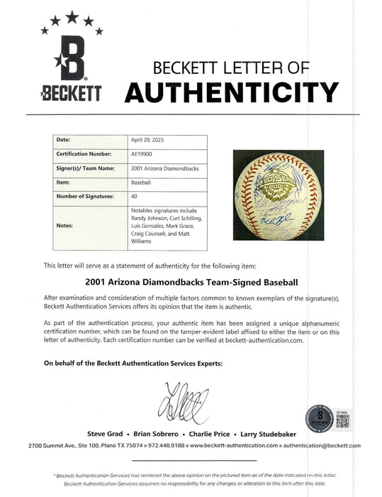2001 Arizona Diamondbacks World Series Champs Team Signed Baseball Beckett COA