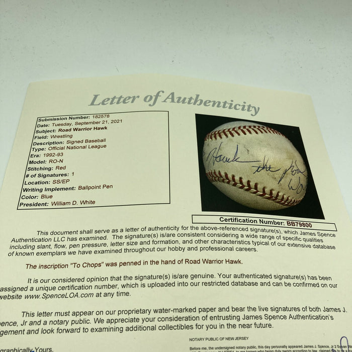 Road Warrior Hawk Single Signed Baseball Dec. 2003 WWF Wrestling JSA COA RARE