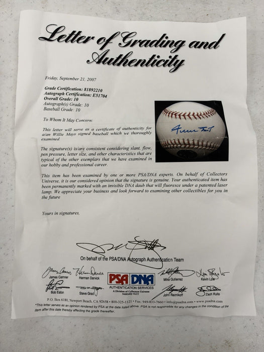 Beautiful Willie Mays PSA DNA Graded Gem Mint 10 Signed Major League Baseball