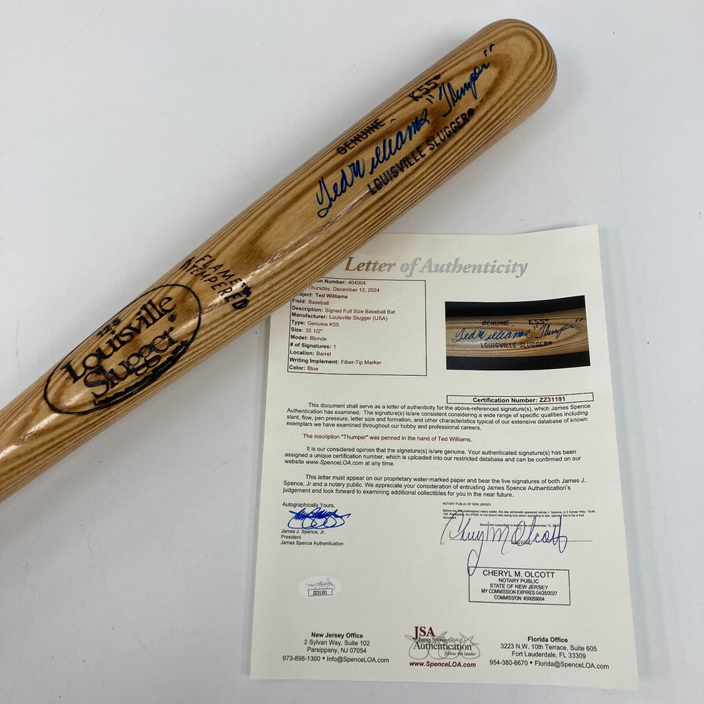 Ted Williams "Thumper" Signed Inscribed Baseball Bat JSA COA RARE