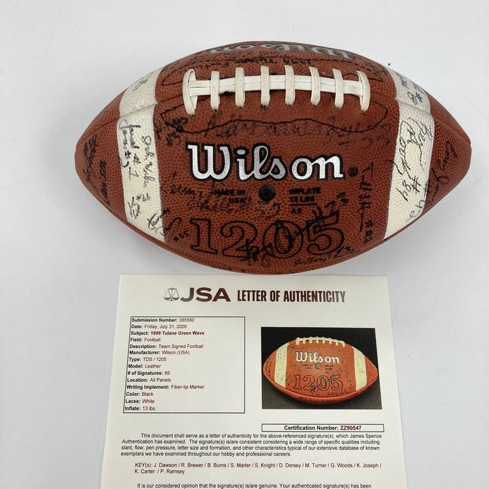 1999 Tulane Green Wave Team Signed NCAA Football 65 Sigs JSA COA