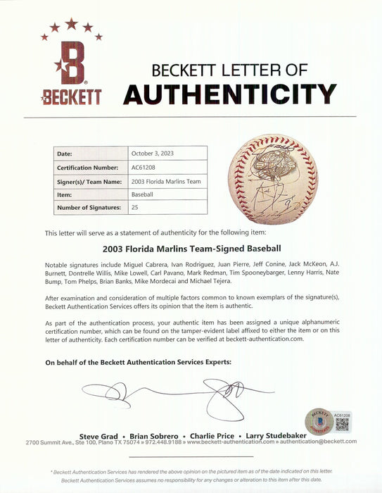 2003 Florida Marlins World Series Champs Team Signed W.S. Baseball Beckett COA