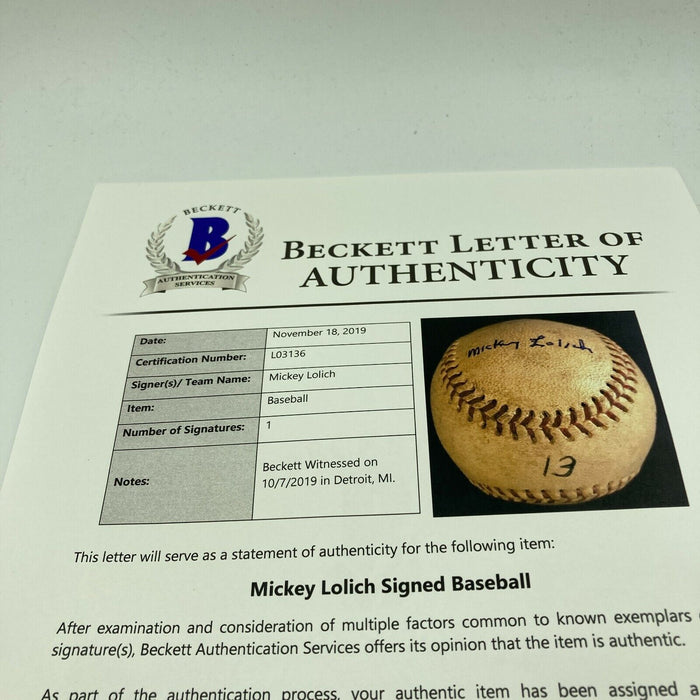 Mickey Lolich Signed Career Win No. 51 Final Out Game Used Baseball Beckett COA