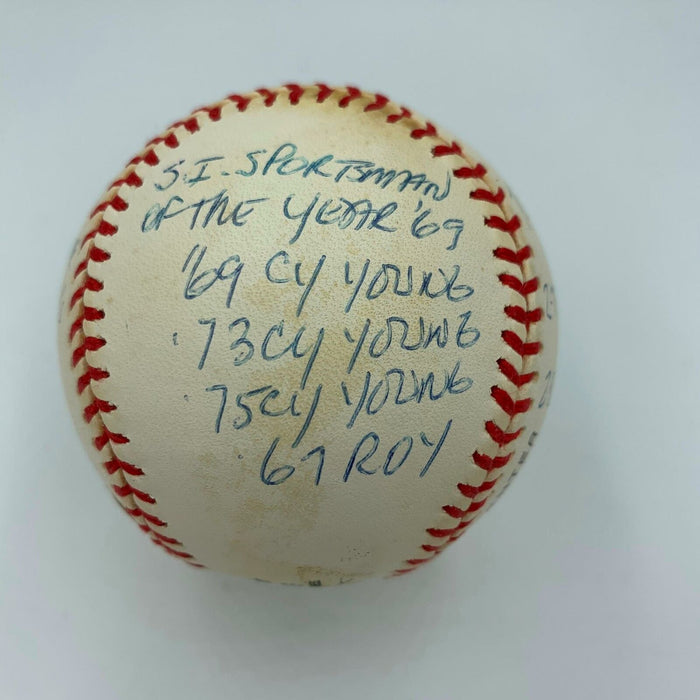 Rare Tom Seaver Signed Heavily Inscribed Career STAT Baseball With JSA COA
