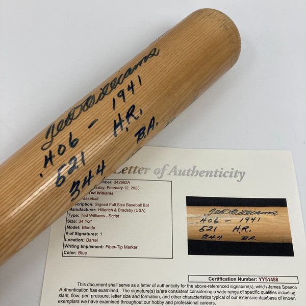 Ted Williams Signed Heavily Inscribed Career STAT Baseball Bat JSA COA