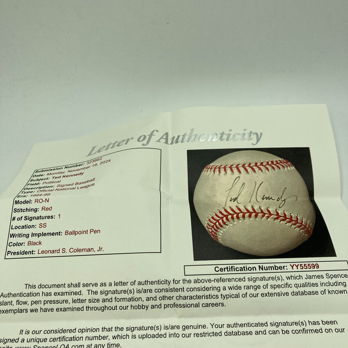 Senator Ted Kennedy Single Signed Baseball Brother Of JFK John F Kennedy JSA COA