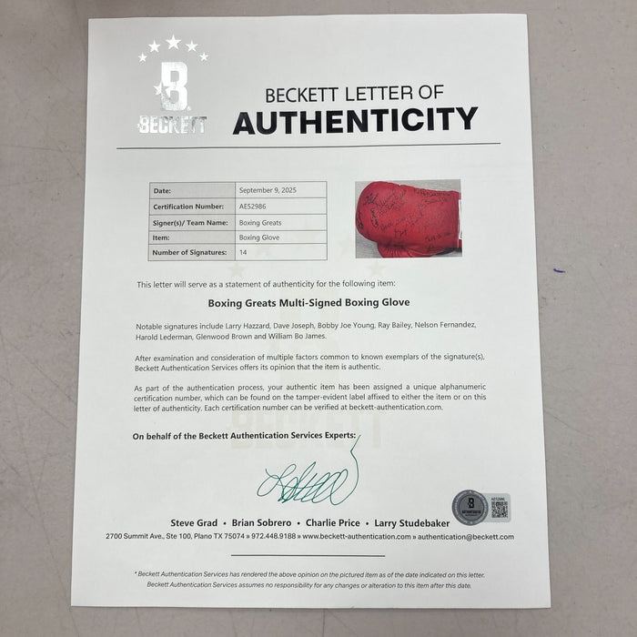Boxing Greats Multi Signed Glove 14 Sig Larry Hazzard, Dave Joseph Beckett COA