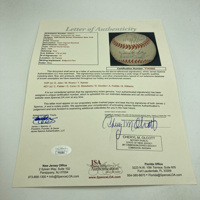 1996 Yankees Team Signed World Series Baseball Derek Jeter Mariano Rivera JSA