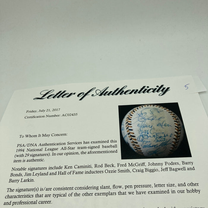 1994 All Star Game National League Team Signed Baseball Barry Bonds PSA DNA COA