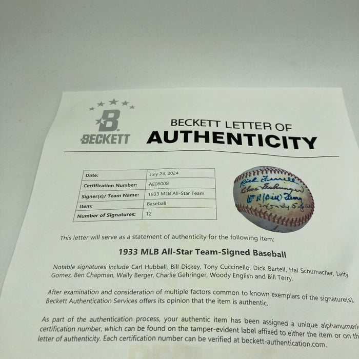 1933 Inaugural First Ever All Star Game Team Signed Baseball Beckett COA