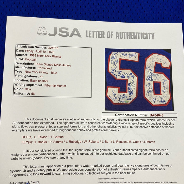 1986 New York Giants Super Bowl Champs Team Signed Jersey 44 Sigs JSA COA