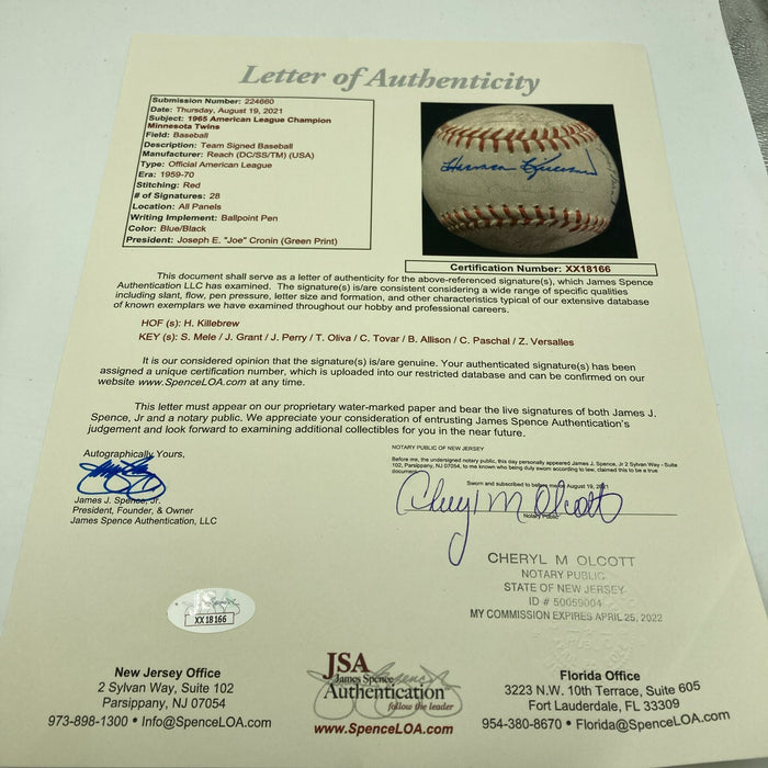 1965 Minnesota Twins American League Champs Team Signed Baseball JSA COA