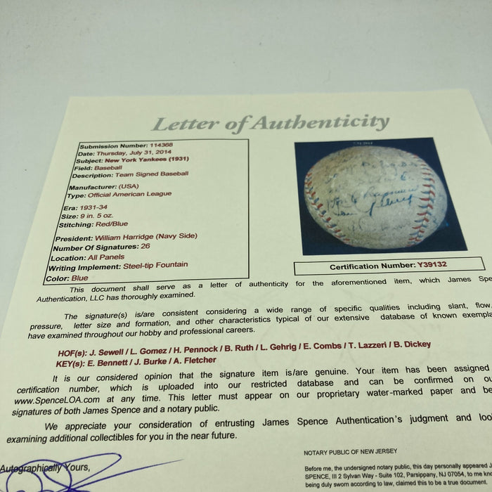 Babe Ruth & Lou Gehrig 1931 New York Yankees Team Signed Baseball JSA COA