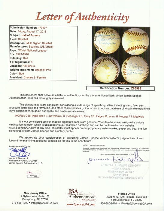 Satchel Paige 1970's Hall Of Fame Induction Multi Signed Baseball JSA COA