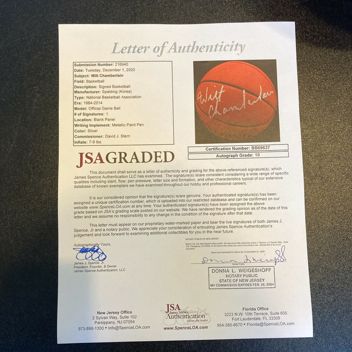 Beautiful Wilt Chamberlain Signed Spalding NBA Basketball JSA Graded GEM MINT 10