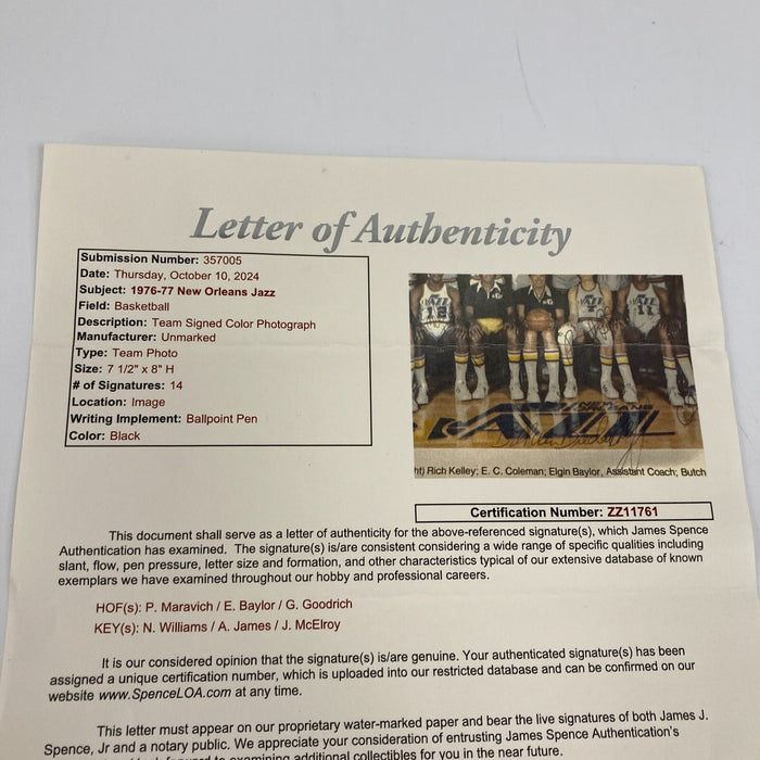 Pistol Pete Maravich 1976-1977 New Orleans Jazz Team Signed Photo JSA COA