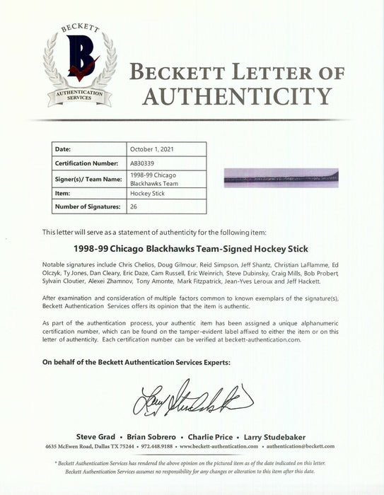 1998-99 Chicago Blackhawks Team Signed Krivokrasov Game Used Hockey Stick BAS