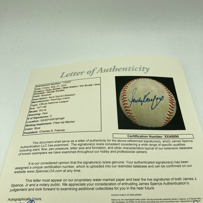 Vin Scully Sandy Koufax Don Drysdale Walt Alston Duke Snider Signed Baseball JSA