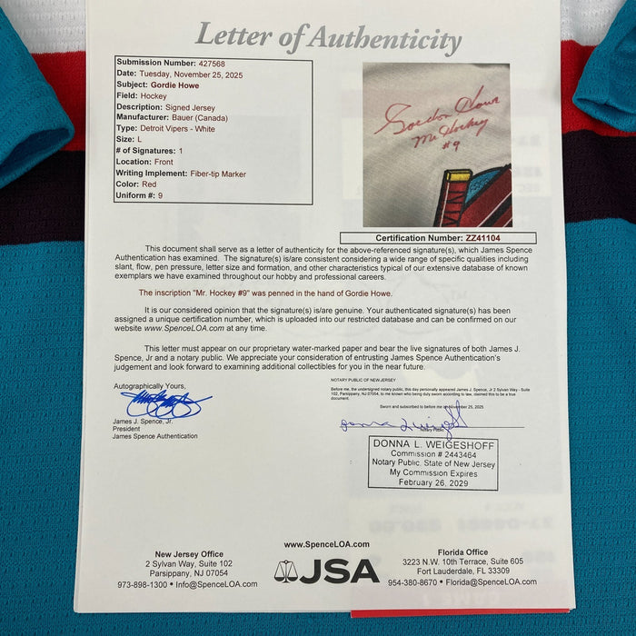 Gordie Howe "Mr. Hockey" Signed Detroit Vipers Authentic Bauer Jersey JSA COA