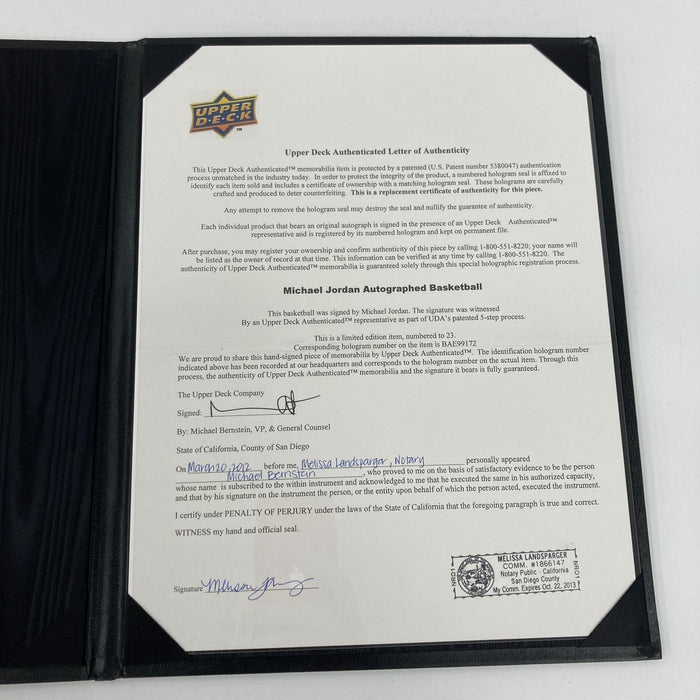 Incredible Michael Jeffrey Jordan Full Name Signed Basketball Upper Deck UDA COA