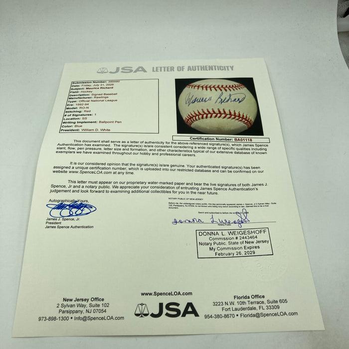 Maurice Richard Single Signed Baseball NHL HOF Montreal Canadiens JSA COA RARE