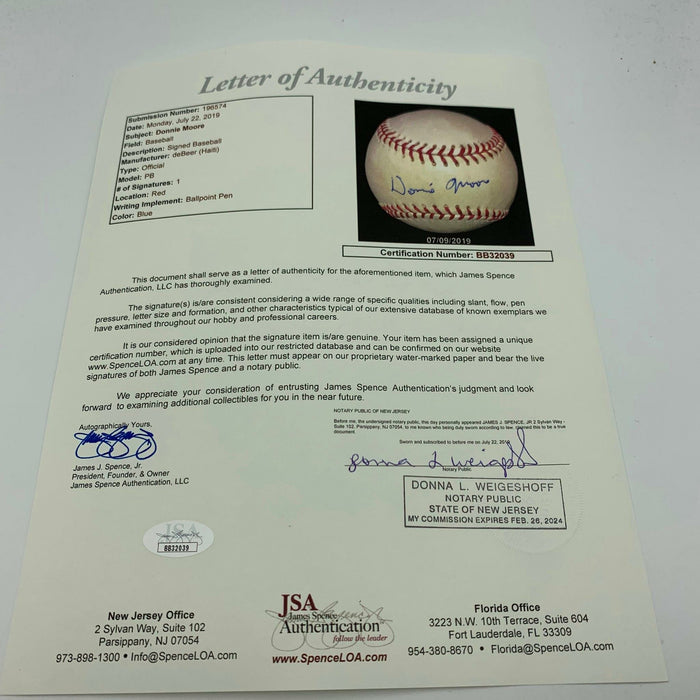 RARE Donnie Moore Single Signed Baseball Angels Dec. Age 35 - 1989 With JSA COA