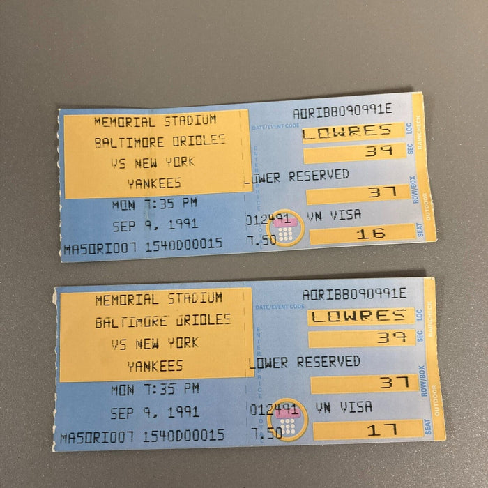 (2) Baltimore Orioles VS New York Yankees Tickets September 9 1991 Ripken Streak