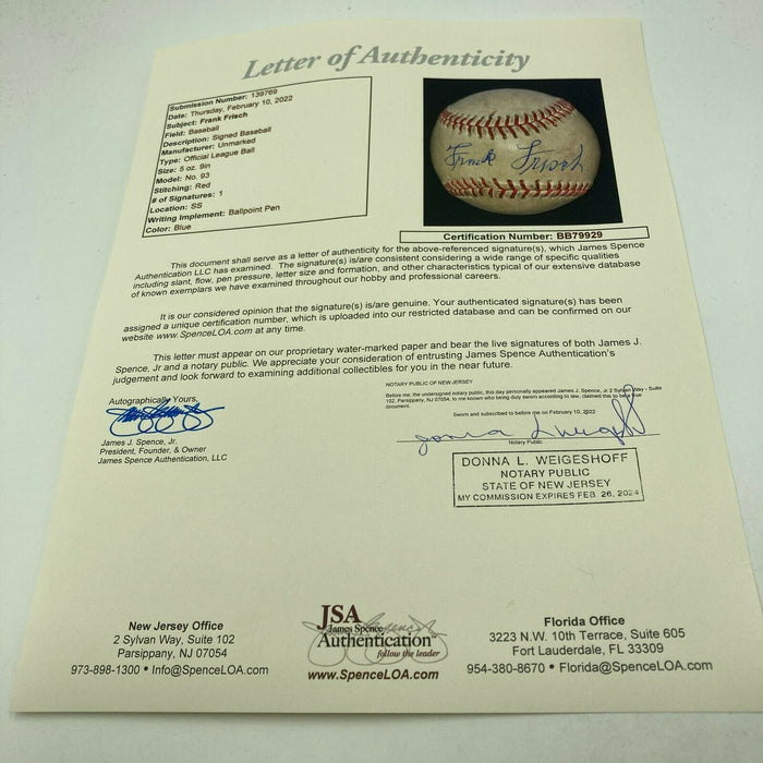 Magnificent Frankie Frisch Single Signed Baseball With JSA COA