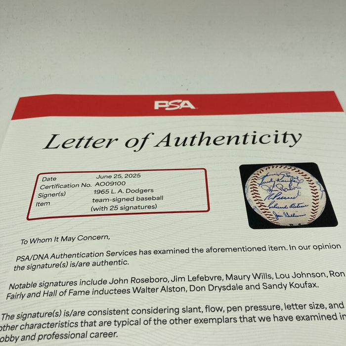 Beautiful 1965 Los Angeles Dodgers World Series Champs Team Signed Baseball PSA