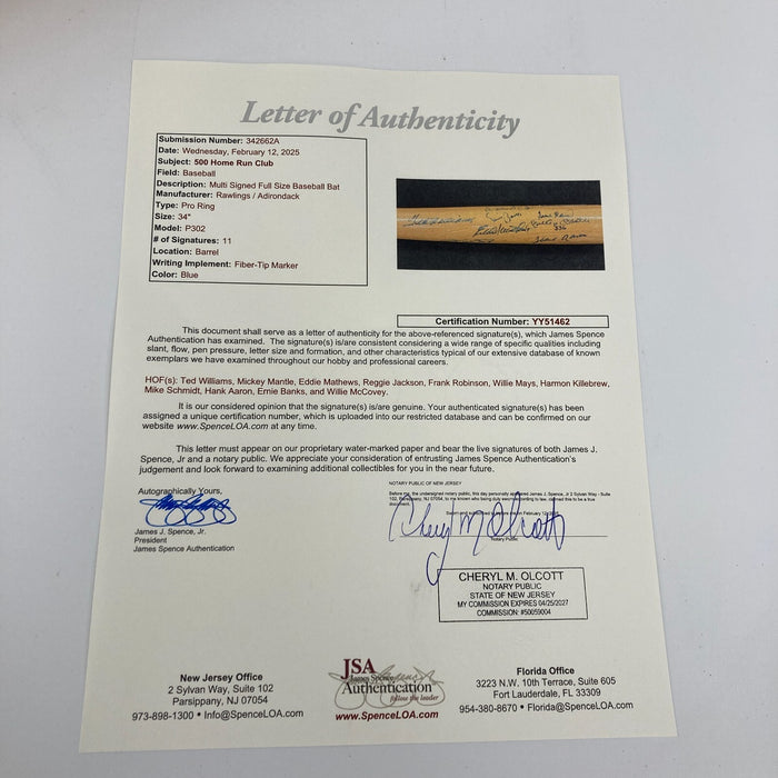 500 Home Run Club Signed Bat Mickey Mantle Ted Williams Willie Mays JSA COA