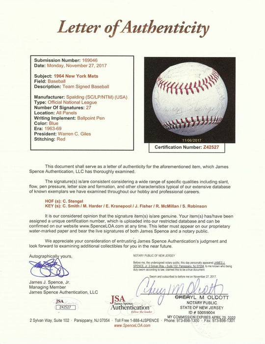 1964 New York Mets Team Signed Official National League Baseball JSA COA