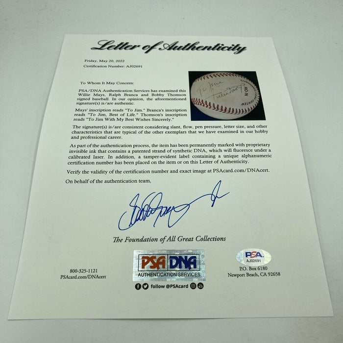 Willie Mays Bobby Thomson Branca Shot Heard 'Round World Signed Baseball PSA DNA