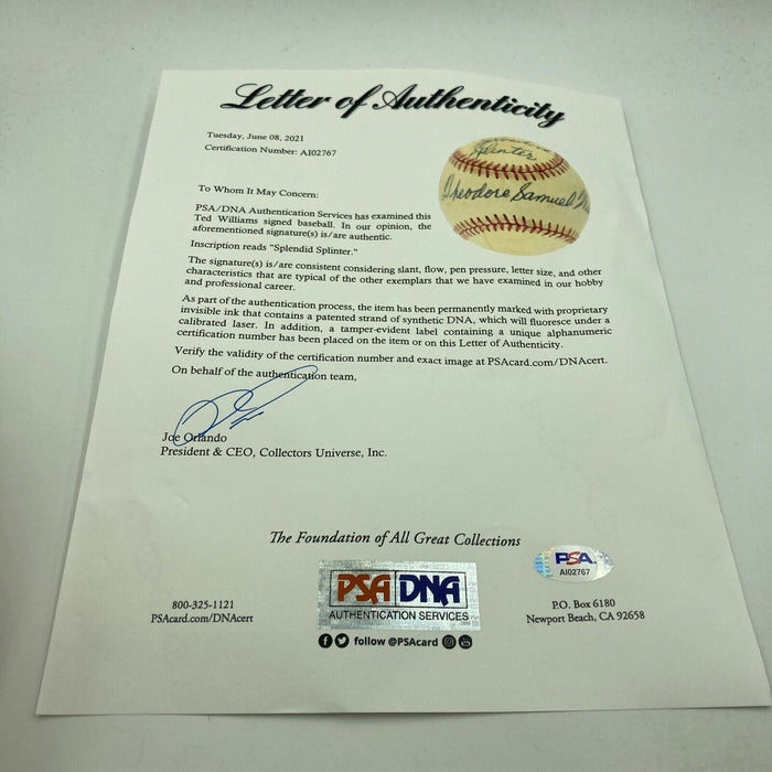 Ted Williams "The Splendid Splinter" Full Name Signed Baseball PSA DNA COA