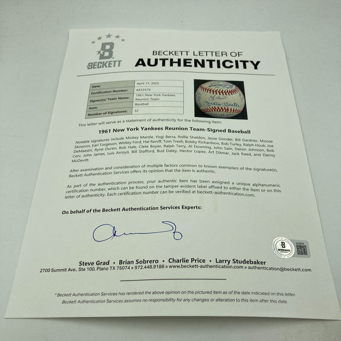 1961 New York Yankees World Series Champs Team Signed Baseball Mickey Mantle BAS